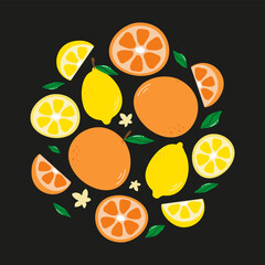 Vibrant Illustration of Oranges, Lemons, and Citrus Fruits on Black Background. A lively digital illustration showcasing whole and sliced oranges and lemons arranged with leaves on a black backdrop.