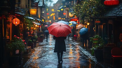 Naklejka premium Woman walking rainy cobblestone street, lanterns, Asia