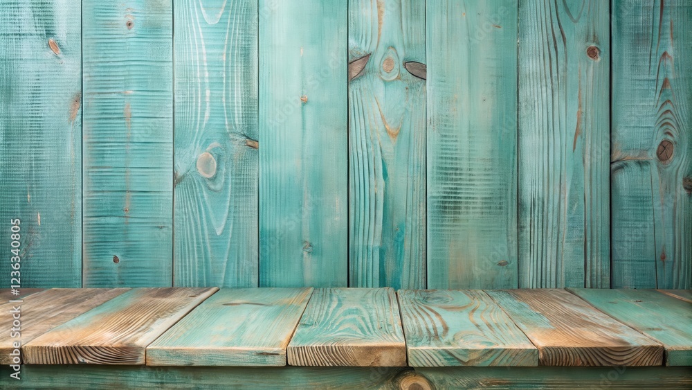 Poster rustic teal wood plank background with a wooden shelf for displaying products