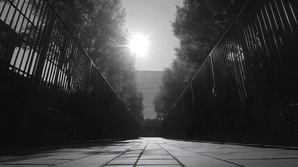 A black and white photo of a path with a fence on either side