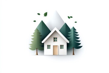 Minimalist illustration of a house surrounded by green trees and mountains