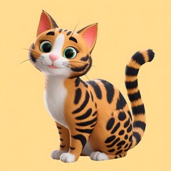 Cute Brown and White Cartoon Cat with Green Eyes.