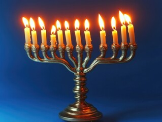 Traditional Jewish candelabra with lit candles, celebrating the Festival of Lights.