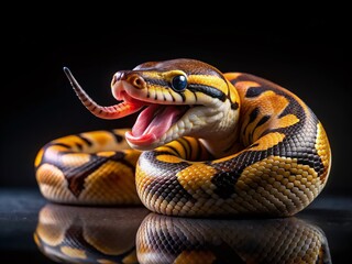 Fototapeta premium Calico Paradox Ball Python Flicking Tongue on Black Background