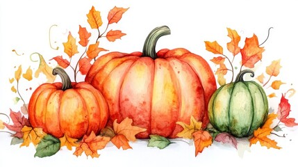 Watercolor autumn composition with pumpkins and leaves.