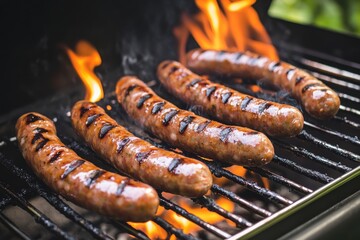 Grilled sausages cooking on a barbecue grill with flames