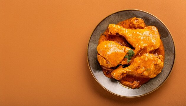 muamba chicken food on plate, isolated brown background, copy space