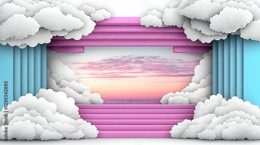 Poster colorful 3d rendering of clouds framing a vibrant sunset scene, with pink and blue architectural ele