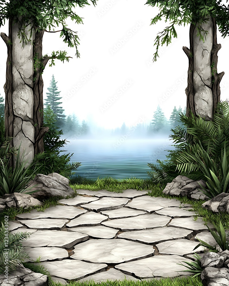 Poster a serene landscape featuring a stone path leading to a misty lake, framed by trees and lush greenery