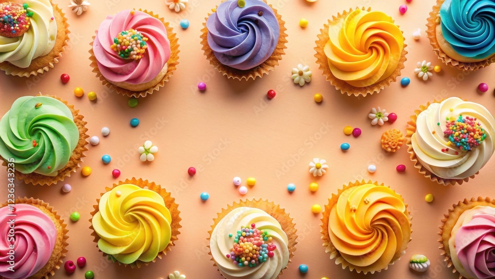 Poster A vibrant arrangement of colorful cupcakes with swirl frosting and sprinkles, creating a festive and delightful backdrop for a special occasion.