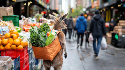 kangaroo carrying backpack full of groceries walks through busy market, surrounded by colorful produce and shoppers