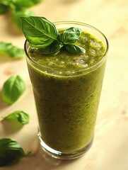 Gluten-free, refreshing, and nutritious green drink with basil leaves as garnish on rim of glass.