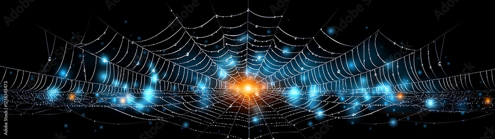 Poster a shimmering spider web glistens with droplets of water against a dark background, illuminated by a 