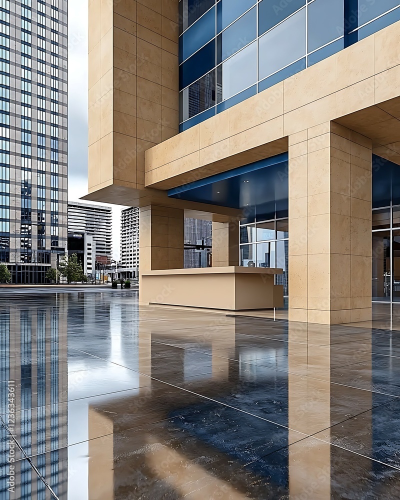 Poster modern architectural exterior featuring a polished floor reflecting a building facade and surroundin