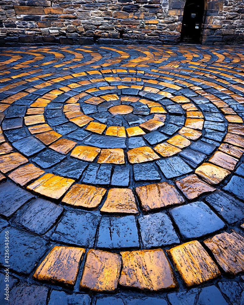 Poster a vibrant spiral pattern created with interlocking stone tiles in shades of blue and orange on a tex