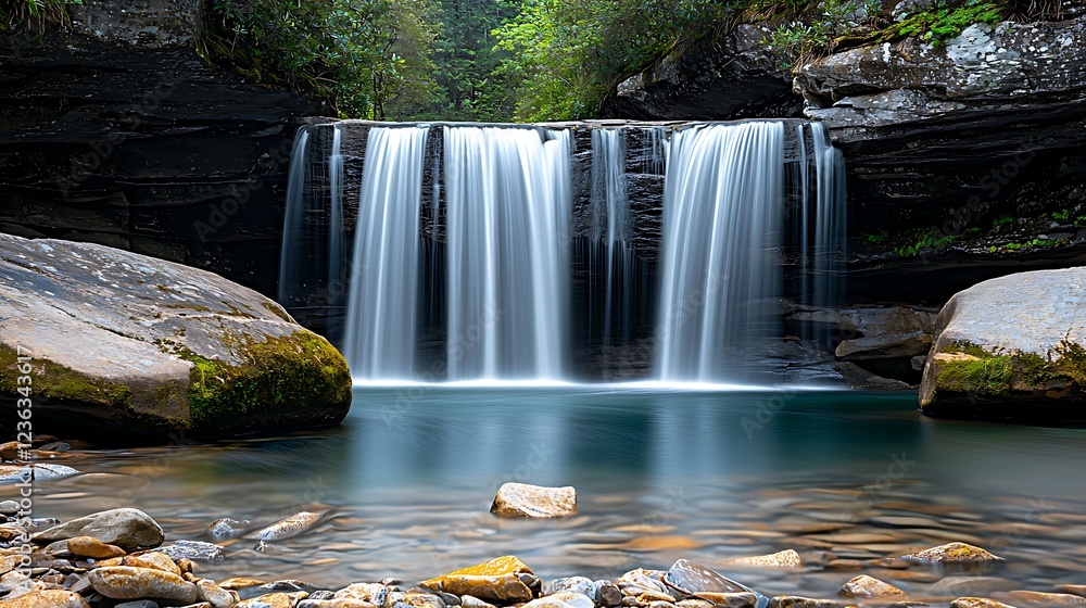 Poster a serene waterfall cascades into a tranquil pool surrounded by lush greenery and smooth rocks, creat