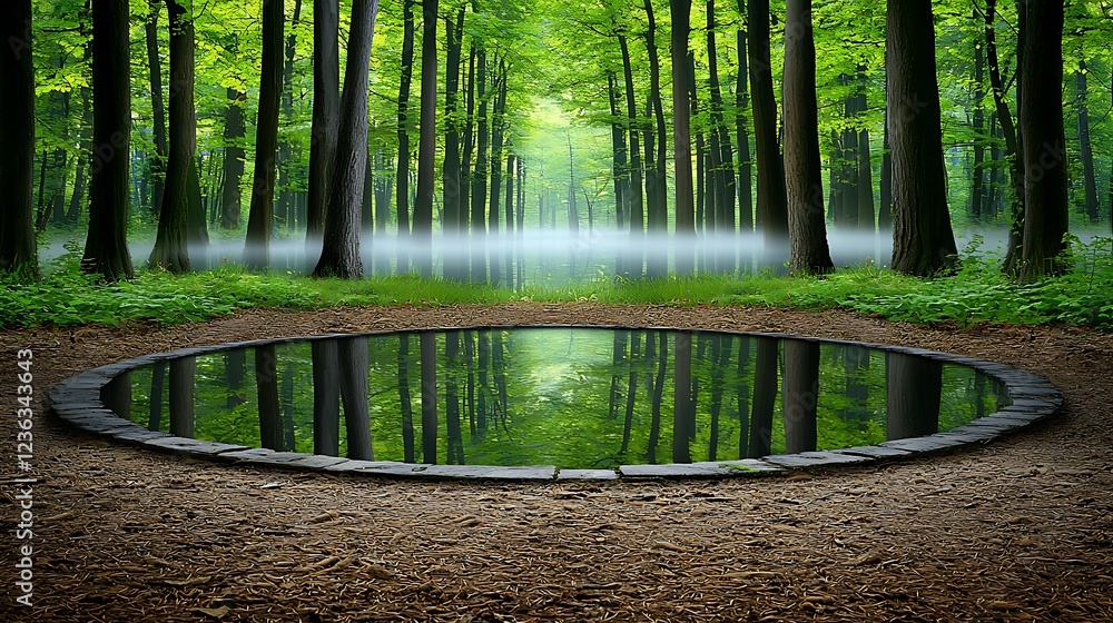 Poster a serene forest scene featuring a circular pond reflecting lush trees and mist, creating a tranquil 