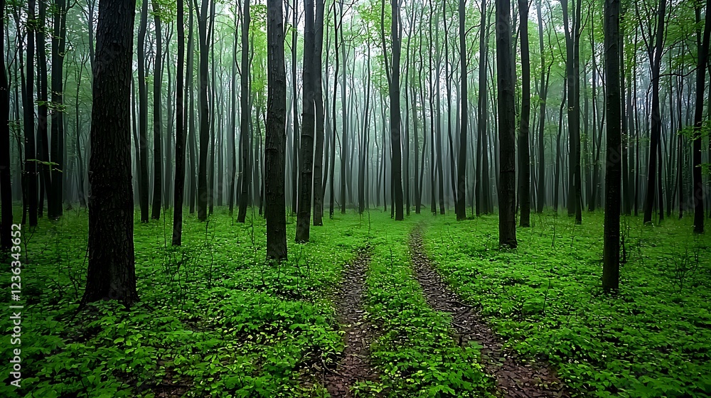Poster lush green forest with tall trees and a misty atmosphere, featuring a dirt path winding through vibr
