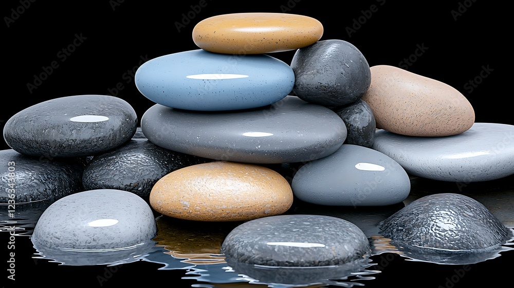 Poster a serene arrangement of smooth, colorful stones atop a reflective surface, creating a calm and balan