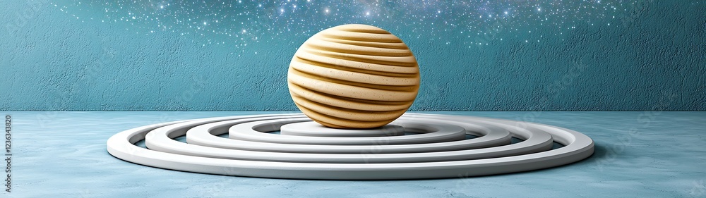 Poster a wooden sphere rests on a circular maze against a textured blue background, creating a serene and a