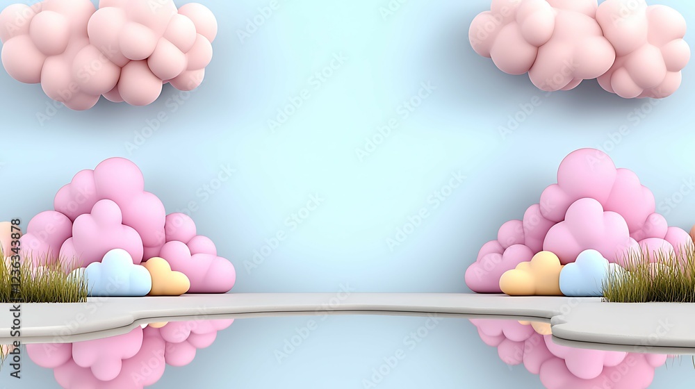 Poster a serene landscape featuring soft, pastel-colored clouds and reflections on water, creating a whimsi