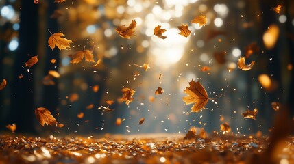An artistic vision of golden leaves scattered on a forest floor