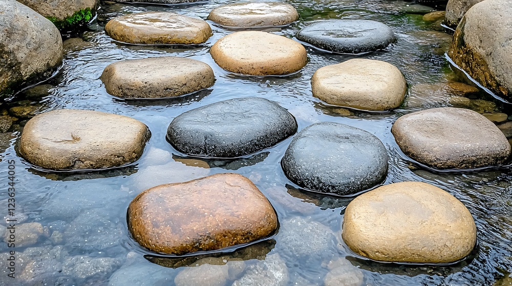 Poster stepping stones in a tranquil stream create a serene, natural pathway surrounded by clear water and 