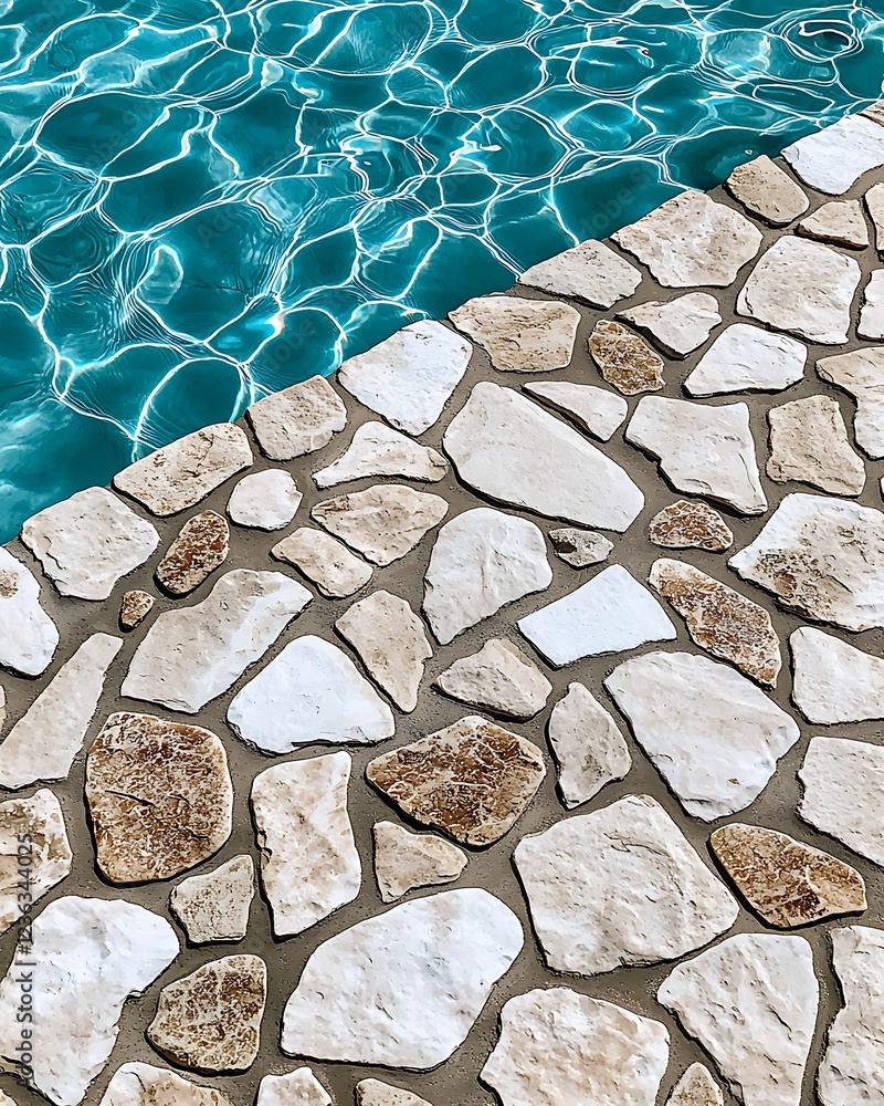 Wall mural a close-up view of a stone pool edge beside clear blue water, highlighting the texture of the stones