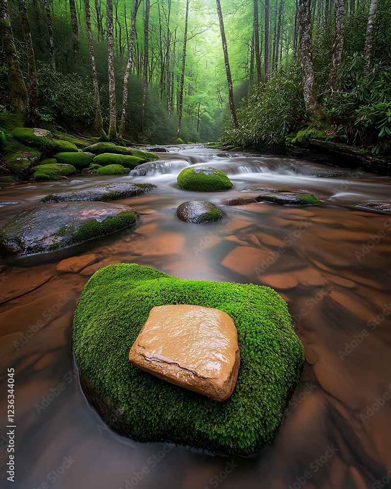 Poster a tranquil stream flows through a lush forest, with moss-covered stones creating a serene natural sc