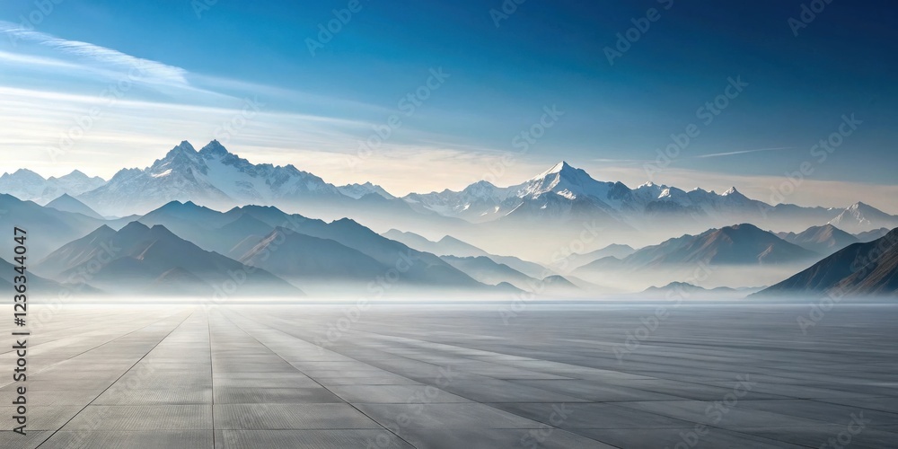 Poster a panoramic view of a vast, empty concrete platform with snow-capped mountain ranges in the distance