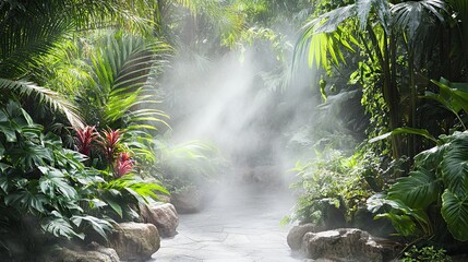 Fototapeta premium Lush Tropical Garden Path Mist Sunlight