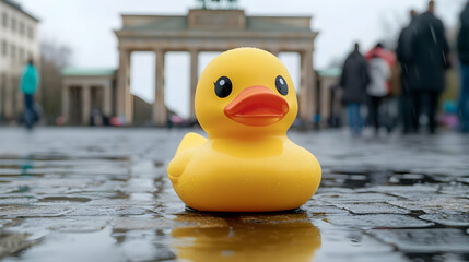 Rubber duck at Brandenburg Gate, Berlin, rainy day