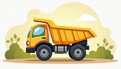 Fototapeta premium Colorful yellow children's dump truck in playful landscape, fun creativity