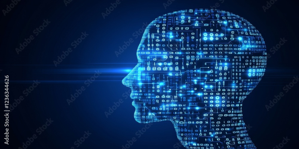 Poster abstract, profile of a human head made of technology circuit boards and binary codes with copy space