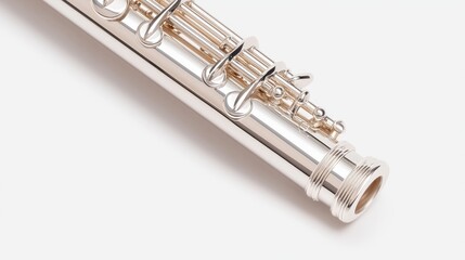 Fototapeta premium Silver flute detail, keys close-up, white background, music instrument