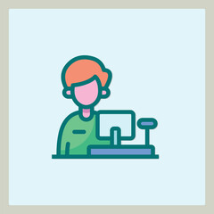 A stylized icon of a person working as a cashier at a counter with a monitor and cash register