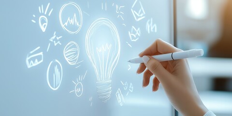 Hand Holding White Pen Drawing Light Bulb on Transparent Glass. Business Innovation and Creative Strategy Concept in Modern Office. Bright Idea, Planning, and Vision for Success.