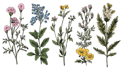 Vibrant Colorful Wild Flowers and Herbs in a Vintage Botanical Set, Featuring Detailed Illustrations Inspired by Classic Engraving Techniques © aura studio