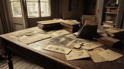 Old photos and books on antique desk, sunlit room, forgotten memories, nostalgic history, perfect for storytelling