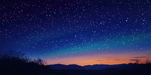 A starry night sky with a beautiful orange and blue sunset. The sky is filled with stars and the sun is setting in the distance