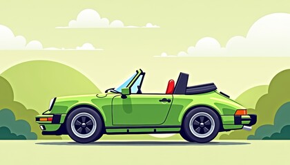 Fototapeta premium Bright green convertible sports car on hills, playful design concept