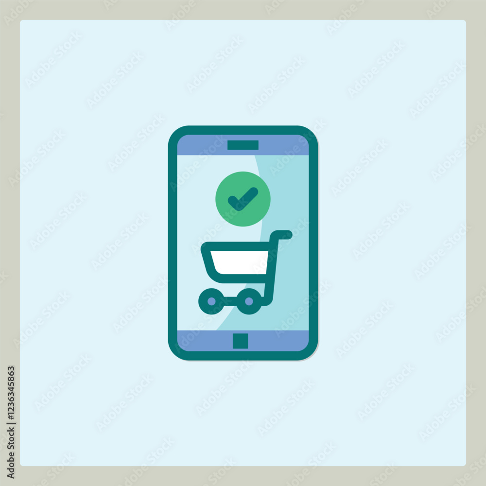 Aufkleber mobile shopping icon with cart and check mark for e-commerce app or website ui design
