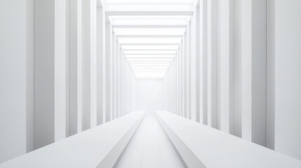 Obraz premium minimalist corridor with white walls and bright lighting creates serene atmosphere. clean lines and open space evoke sense of tranquility and modern design