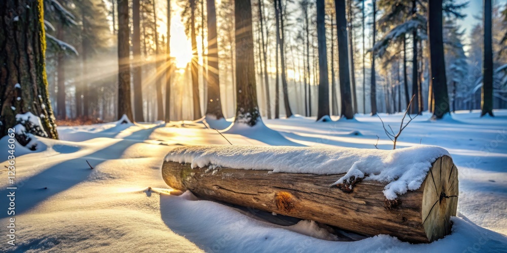 Poster a lone log rests in a snowy forest bathed in the golden light of the setting sun, casting long shado