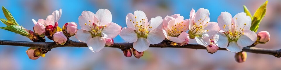 Delicate Spring Blossoms Vibrantly Illuminated Against a Bright Blue Sky, Floral Banner Panorama