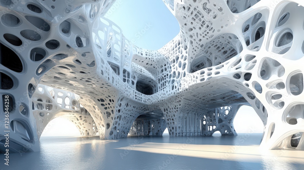 Poster futuristic organic structure with complex interconnected spaces and open design