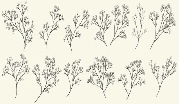 Hand-drawn wedding herb monogram, Limonium and baby's breath logo with elegant leaves for save the date and invitation card design