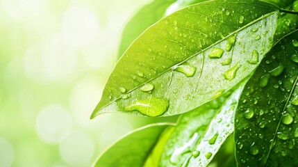 Fototapeta premium Fresh Green Leaves with Water Drops on Abstract Blurred Background