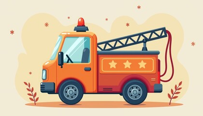 Fototapeta premium Colorful orange fire truck illustration with abstract shapes, creativity