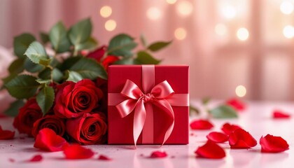 Obraz premium Romantic Red Roses and Gift Box on Valentine's Day